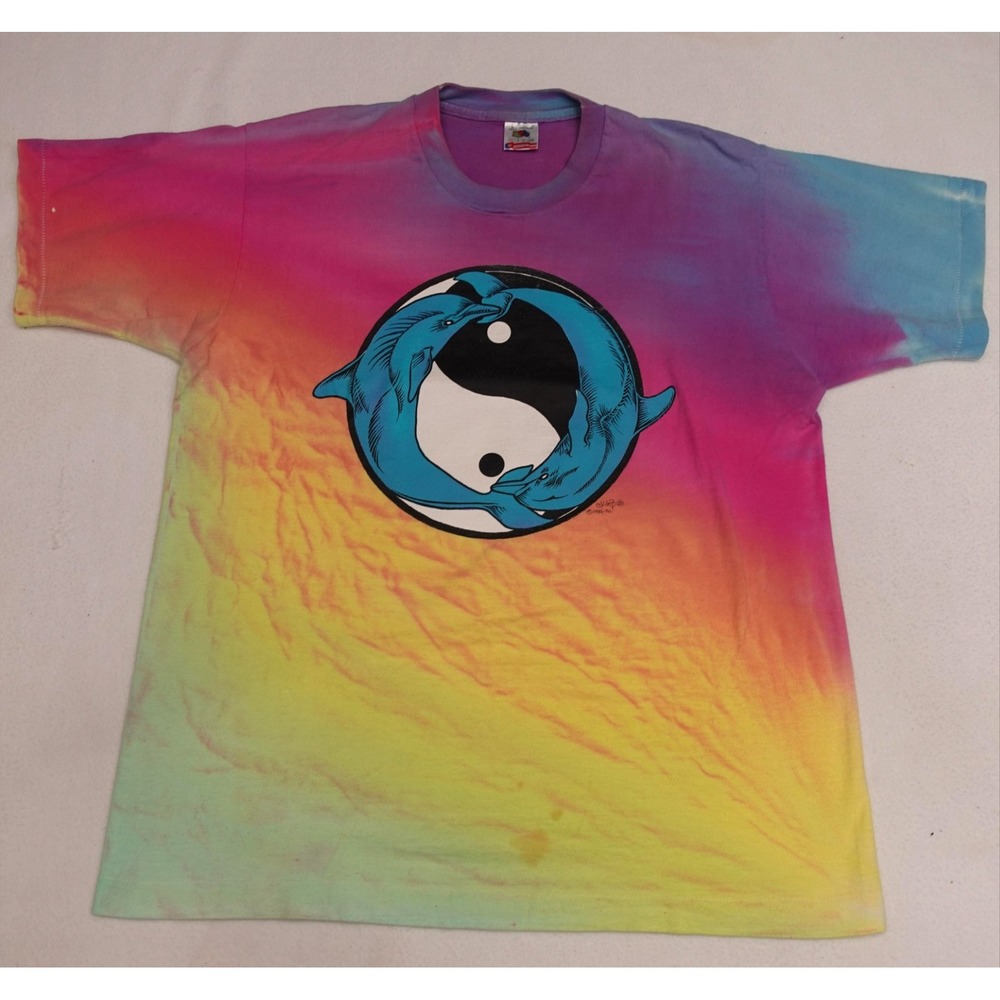 Fruit Of The Loom Shirt Mens L Multicolor Tie Dye Dolphin Yin Yang Vintage 90s